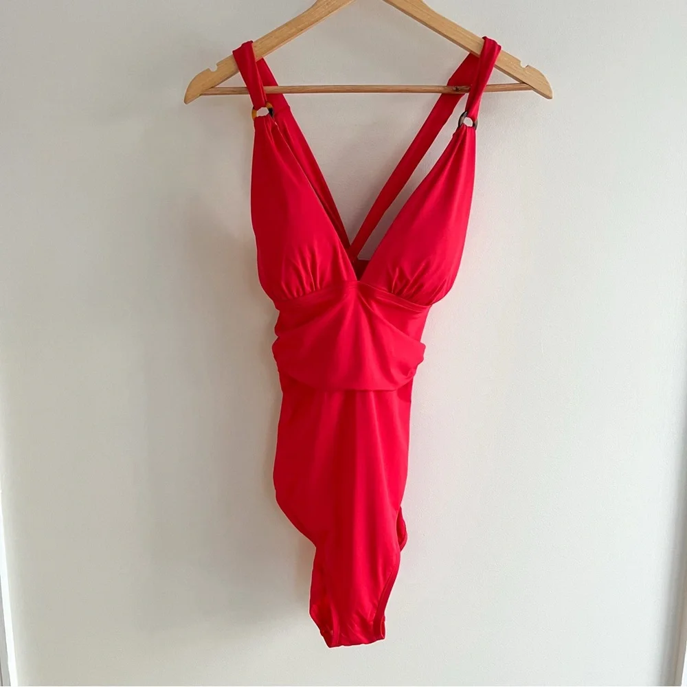 Tommy Bahama Pearl Novelty V Neck One Piece Cross Back Swimsuit Red Hibiscus 14